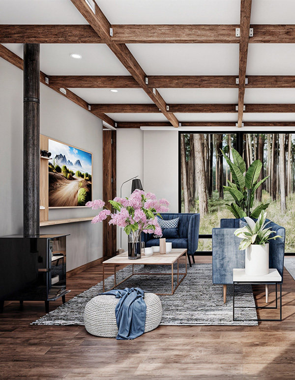 construcción-casa-campestre-sala interior-pino